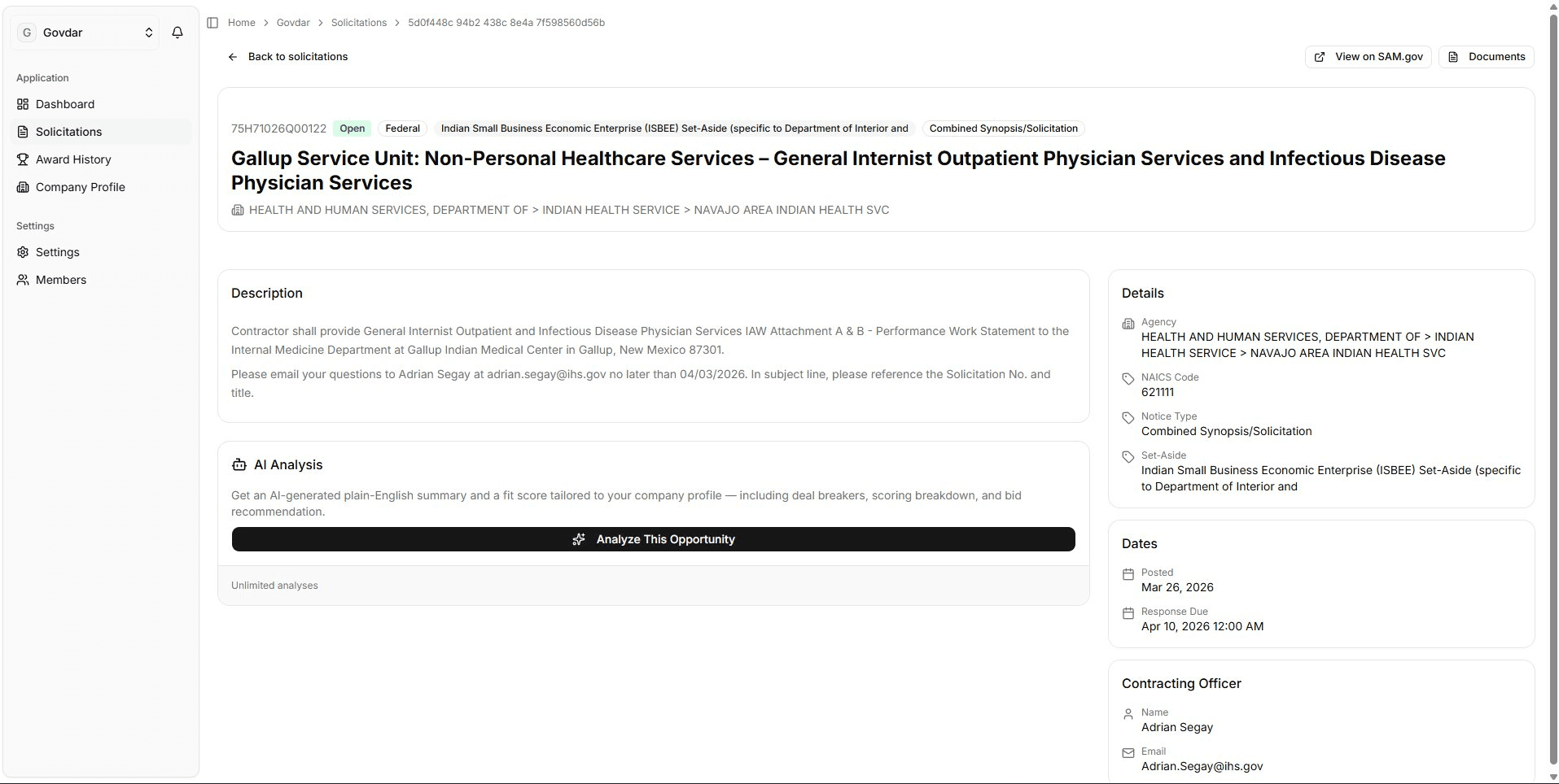 GovDar contract detail with AI analysis
